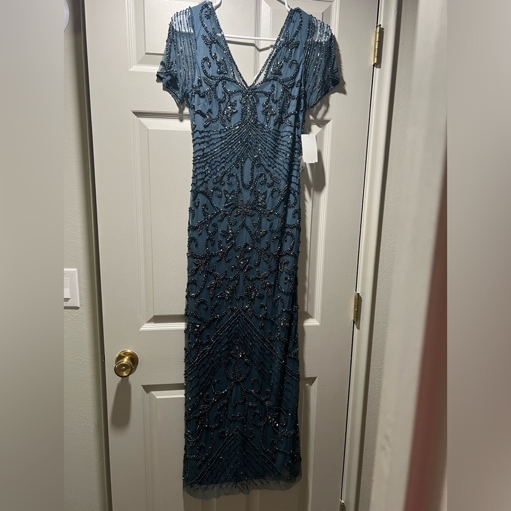 Adrianna Papell Blue Beaded Maxi Dress